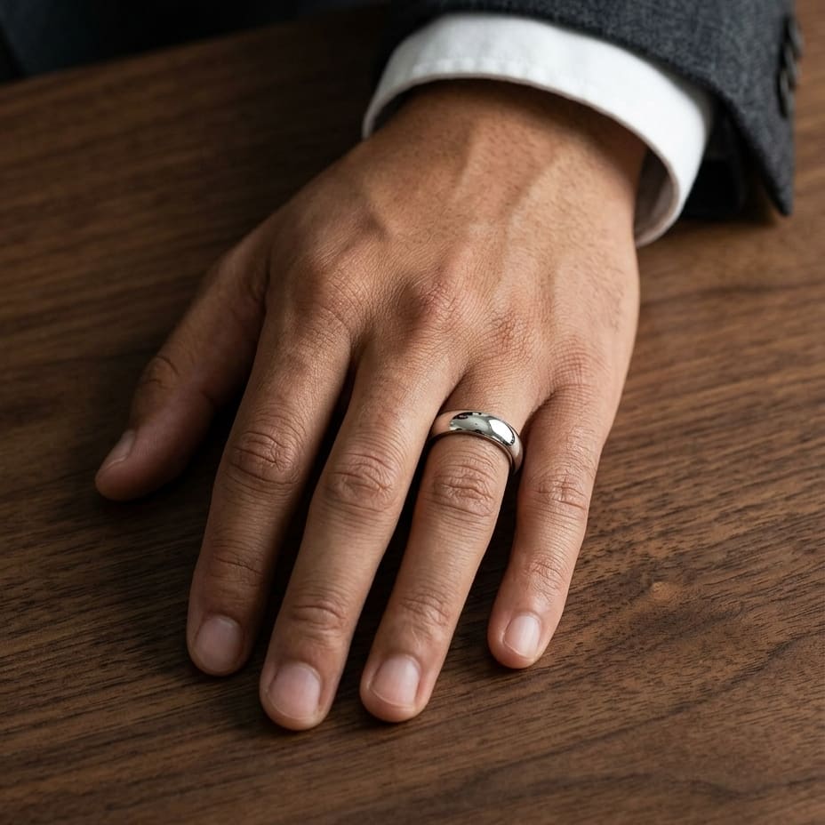 5mm High Dome Comfort-Fit Wedding Band in Platinum, worn on hand, masculine full view
