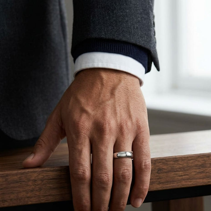 6mm High Dome Comfort-Fit Wedding Band in Platinum, worn on hand, masculine full view