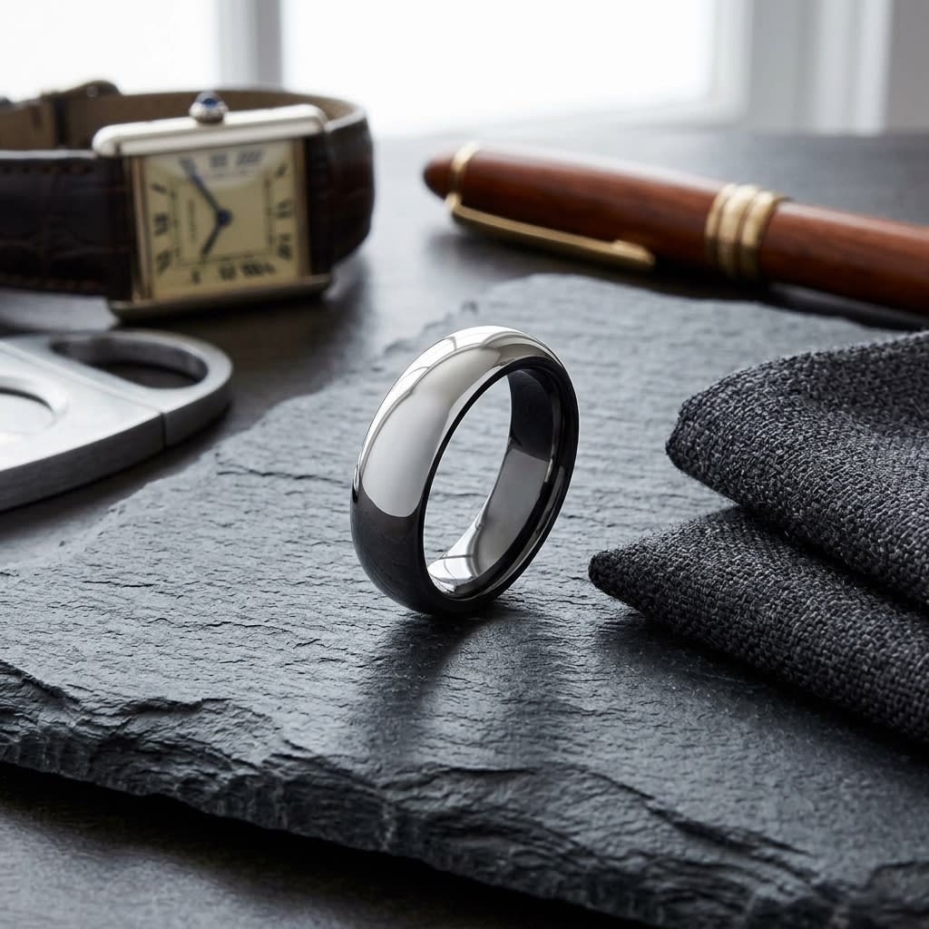 6mm High Dome Comfort-Fit Wedding Band in Platinum, on walnut surface with pocket square