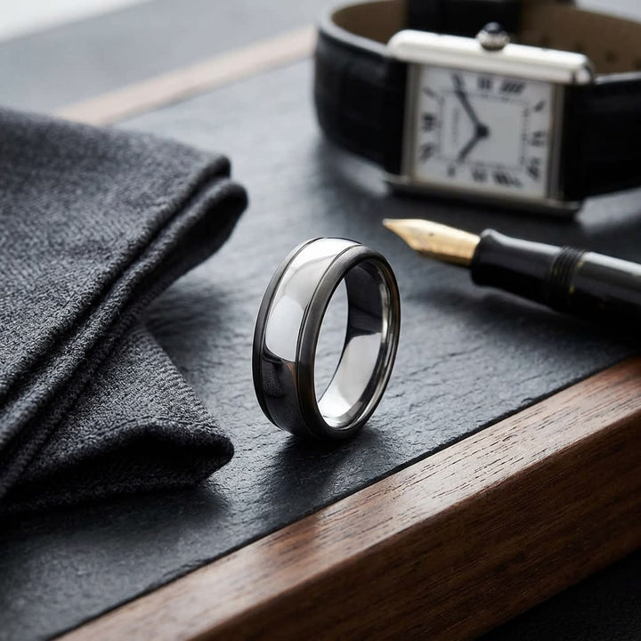 7mm High Dome Comfort-Fit Wedding Band in Platinum, on walnut surface with pocket square