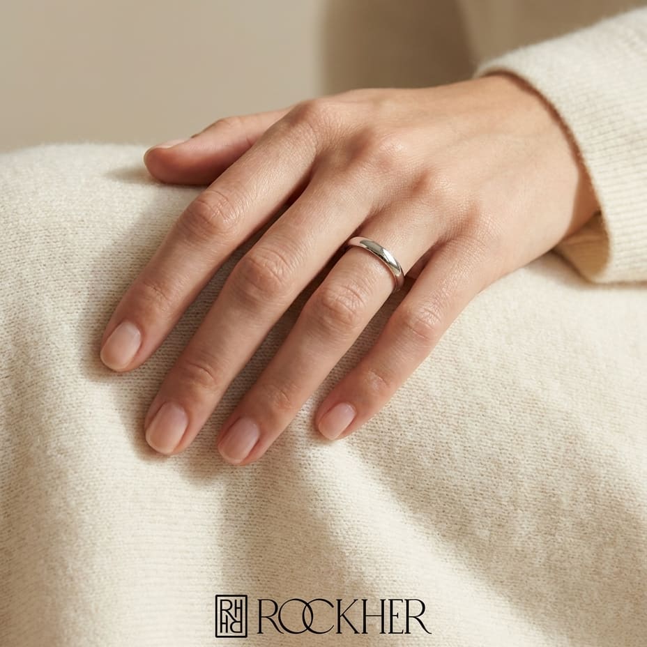 2.5mm Slightly Domed Comfort-Fit Wedding Band in Platinum, worn on hand, full view