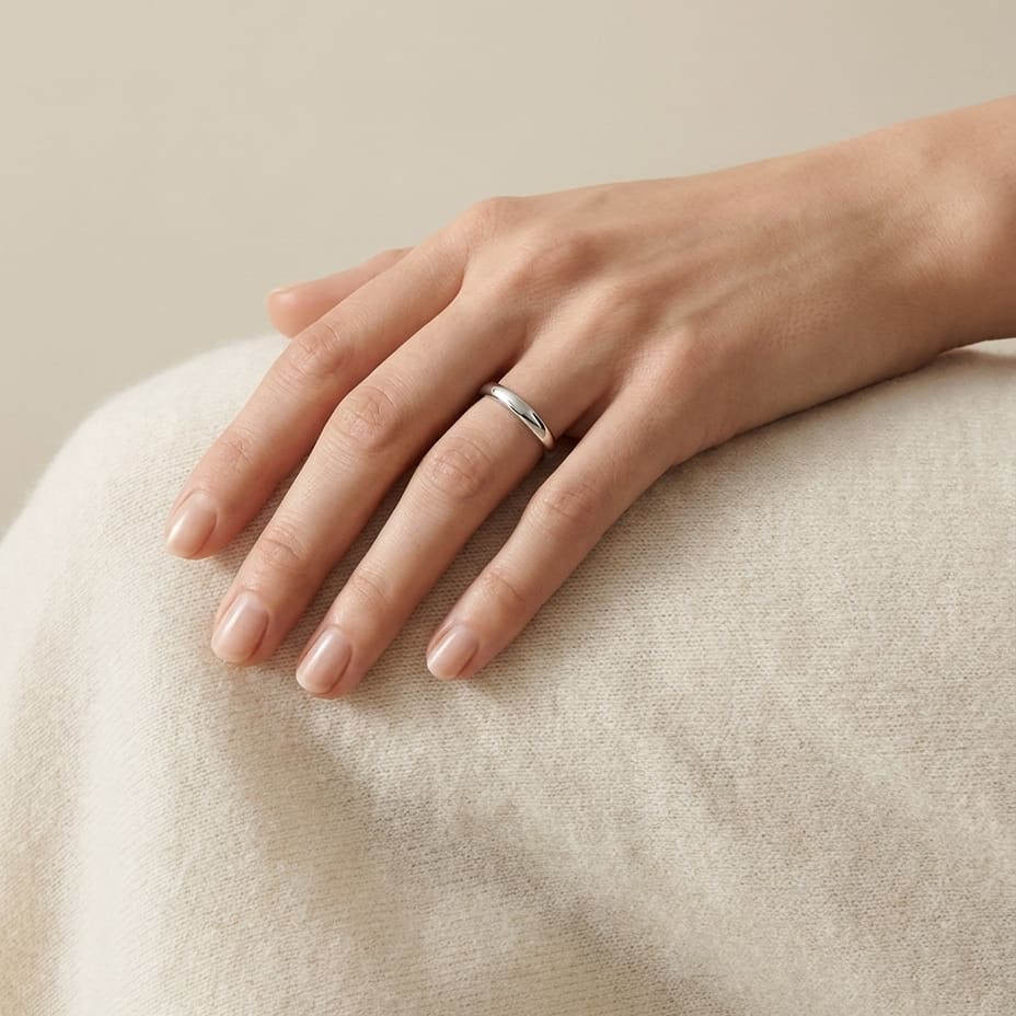 3mm Slightly Domed Comfort-Fit Wedding Band in Platinum, worn on hand, full view