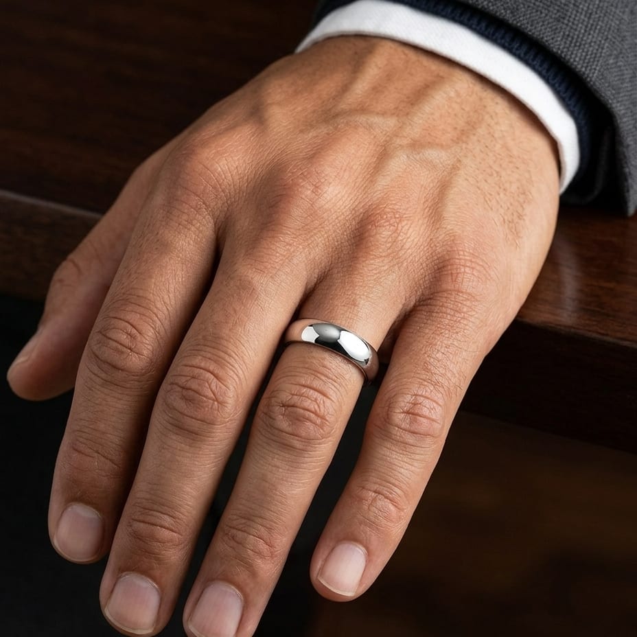 5mm Slightly Domed Comfort-Fit Wedding Band in Platinum, worn on hand, masculine close-up