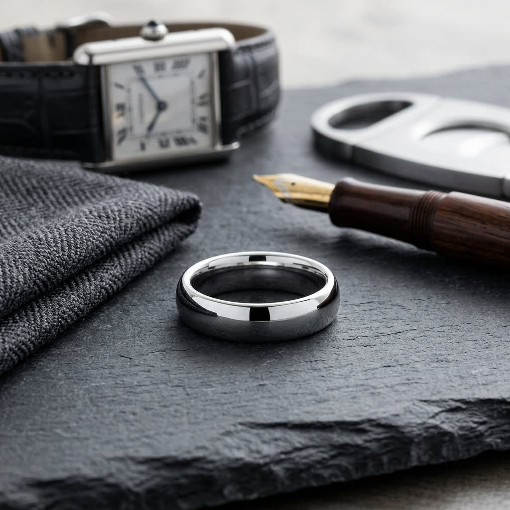 5mm Slightly Domed Comfort-Fit Wedding Band in Platinum, on walnut surface with pocket square