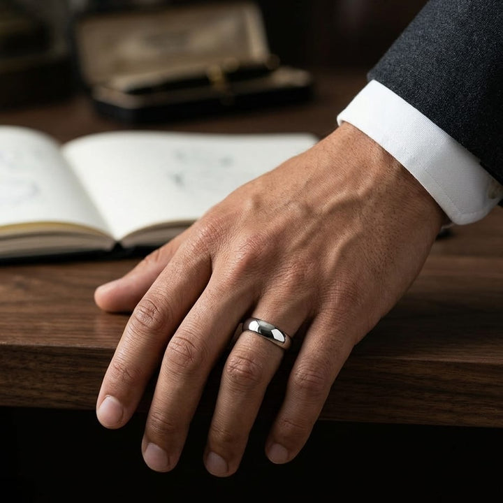 6mm Slightly Domed Comfort-Fit Wedding Band in Platinum, worn on hand, masculine full view
