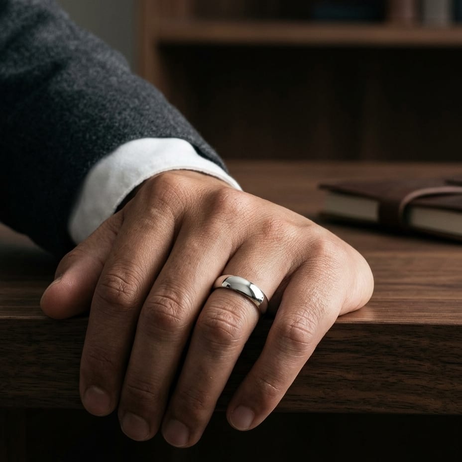 7mm Slightly Domed Comfort-Fit Wedding Band in Platinum, worn on hand, masculine full view