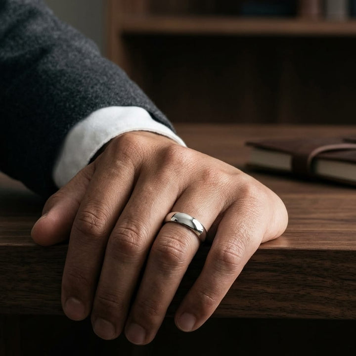 7mm Slightly Domed Comfort-Fit Wedding Band in Platinum, worn on hand, masculine full view