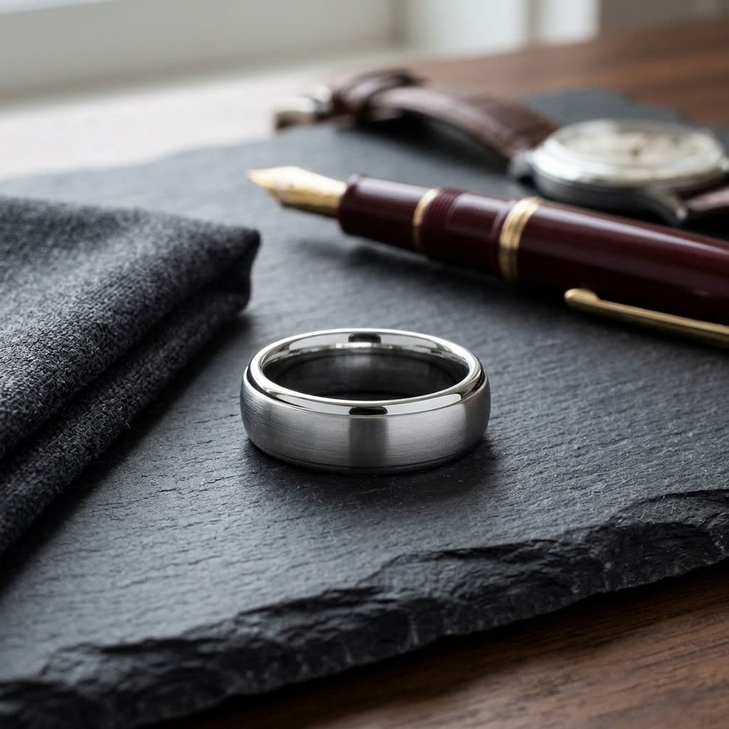 7mm Slightly Domed Comfort-Fit Wedding Band in Platinum, on walnut surface with pocket square