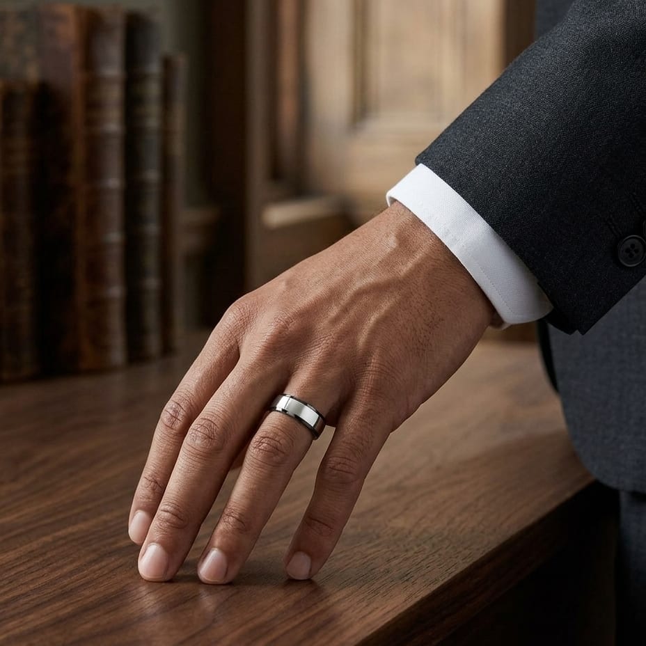 8mm Slightly Domed Comfort-Fit Wedding Band in Platinum, worn on hand, masculine full view