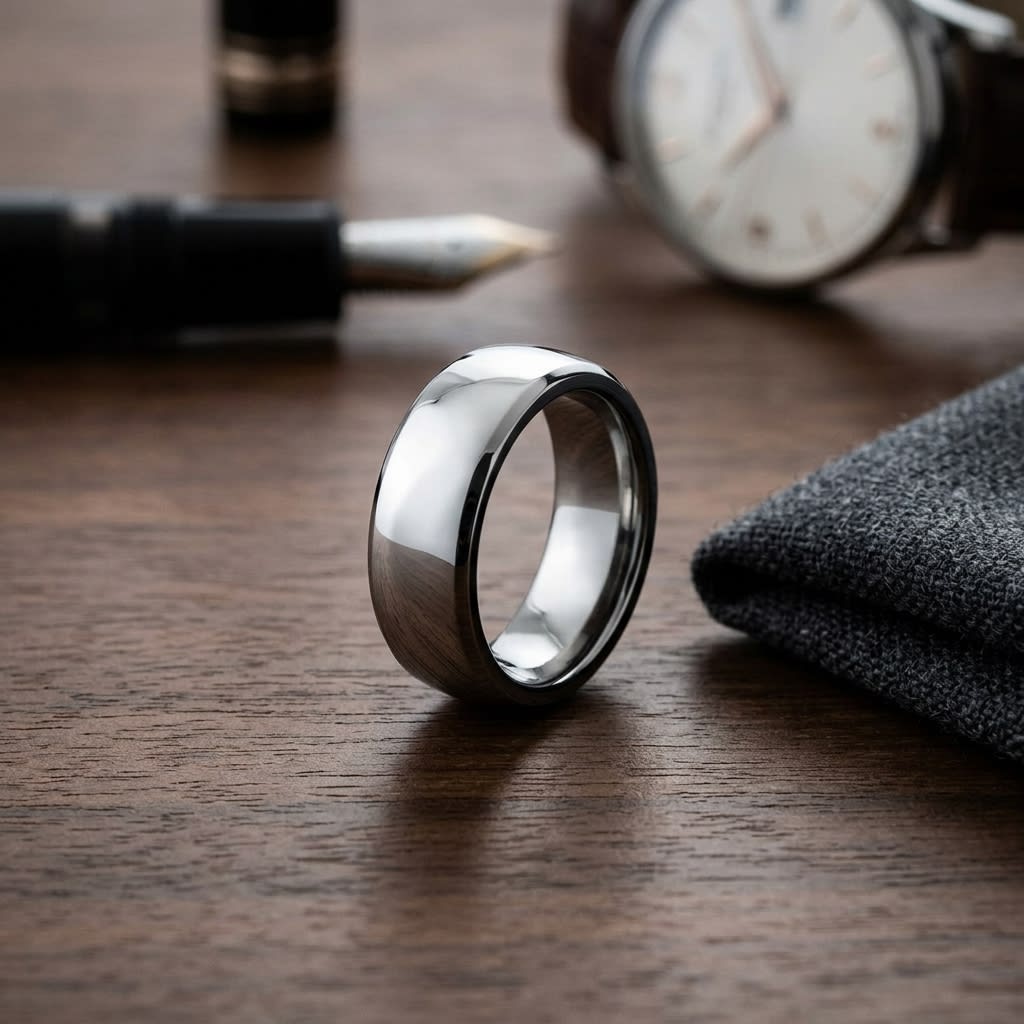 8mm Slightly Domed Comfort-Fit Wedding Band in Platinum, on walnut surface with pocket square