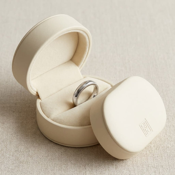 4mm Slightly Domed Milgrain Comfort-Fit Wedding Band in Platinum, in navy velvet jewelry box