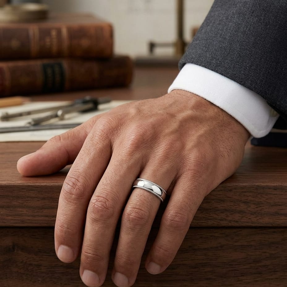 6mm Slightly Domed Milgrain Comfort-Fit Wedding Band in Platinum, worn on hand, masculine full view