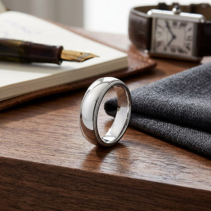 6mm Slightly Domed Milgrain Comfort-Fit Wedding Band in Platinum, on walnut surface with pocket square