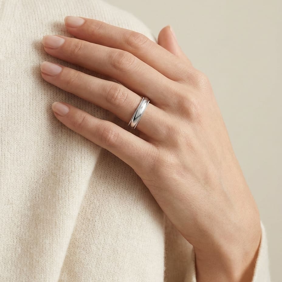 4mm Slightly Domed Double Milgrain Comfort-Fit Wedding Band in Platinum, worn on hand, full view