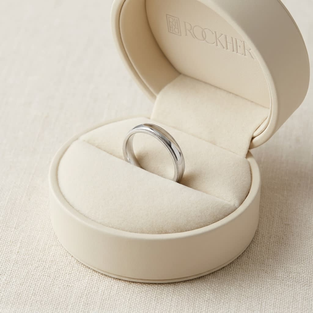 4mm Slightly Domed Double Milgrain Comfort-Fit Wedding Band in Platinum, in navy velvet jewelry box