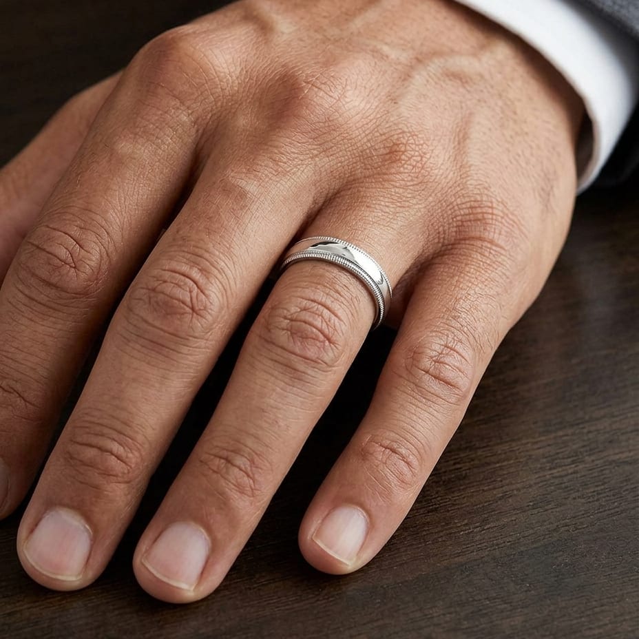 5mm Slightly Domed Double Milgrain Comfort-Fit Wedding Band in Platinum, worn on hand, masculine close-up