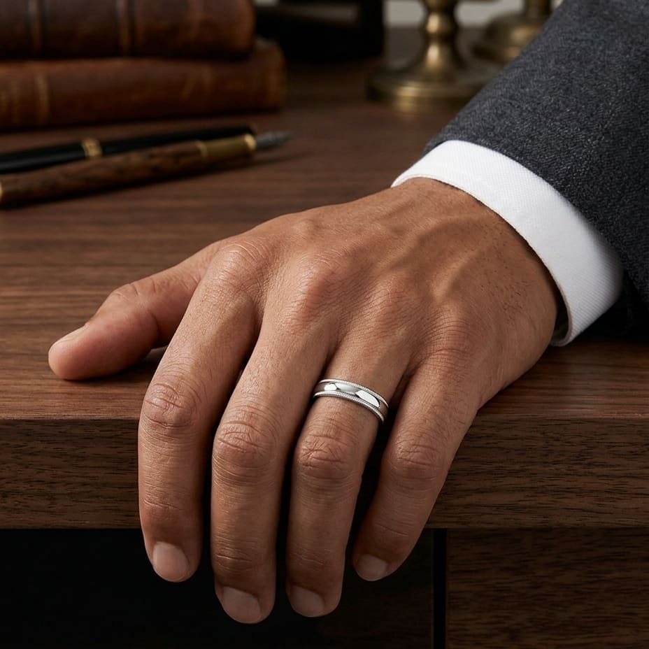 5mm Slightly Domed Double Milgrain Comfort-Fit Wedding Band in Platinum, worn on hand, masculine full view