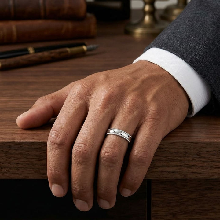 5mm Slightly Domed Double Milgrain Comfort-Fit Wedding Band in Platinum, worn on hand, masculine full view