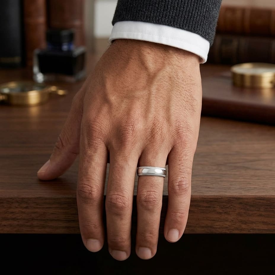 7mm Slightly Domed Double Milgrain Comfort-Fit Wedding Band in Platinum, worn on hand, masculine full view