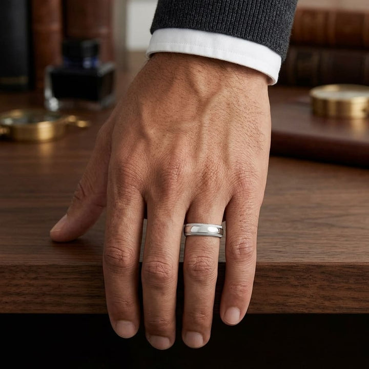 7mm Slightly Domed Double Milgrain Comfort-Fit Wedding Band in Platinum, worn on hand, masculine full view