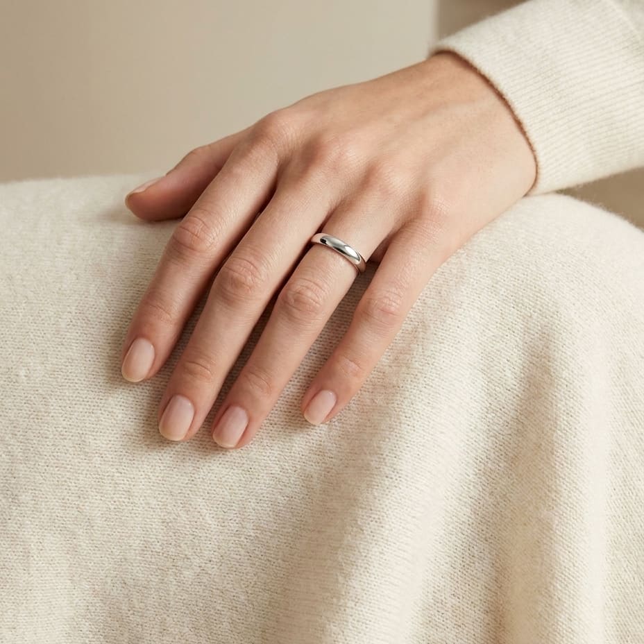 4mm Slightly Domed Super Light Comfort-Fit Wedding Band in Platinum, worn on hand, full view