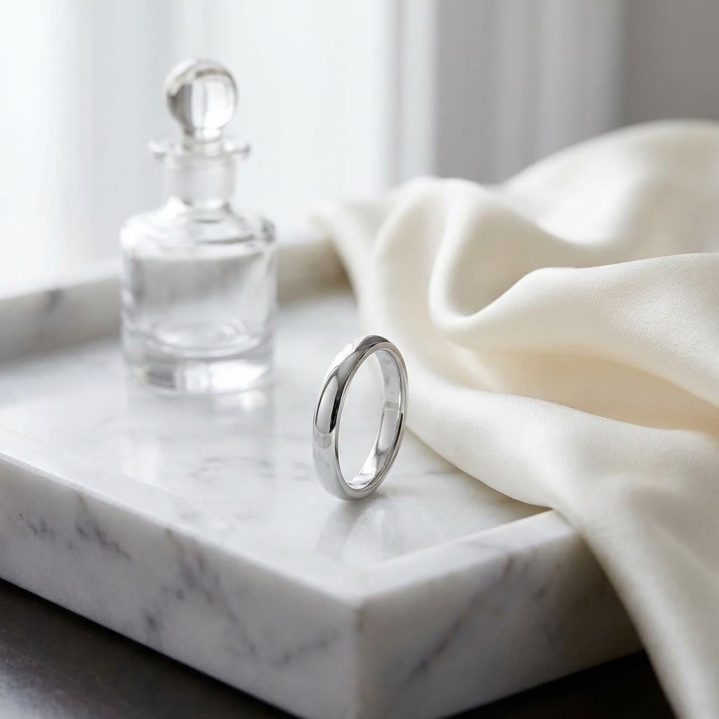 4mm Slightly Domed Super Light Comfort-Fit Wedding Band in Platinum, on marble vanity tray with silk
