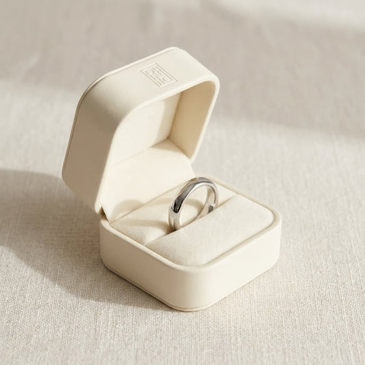 4mm Slightly Domed Super Light Comfort-Fit Wedding Band in Platinum, in navy velvet jewelry box