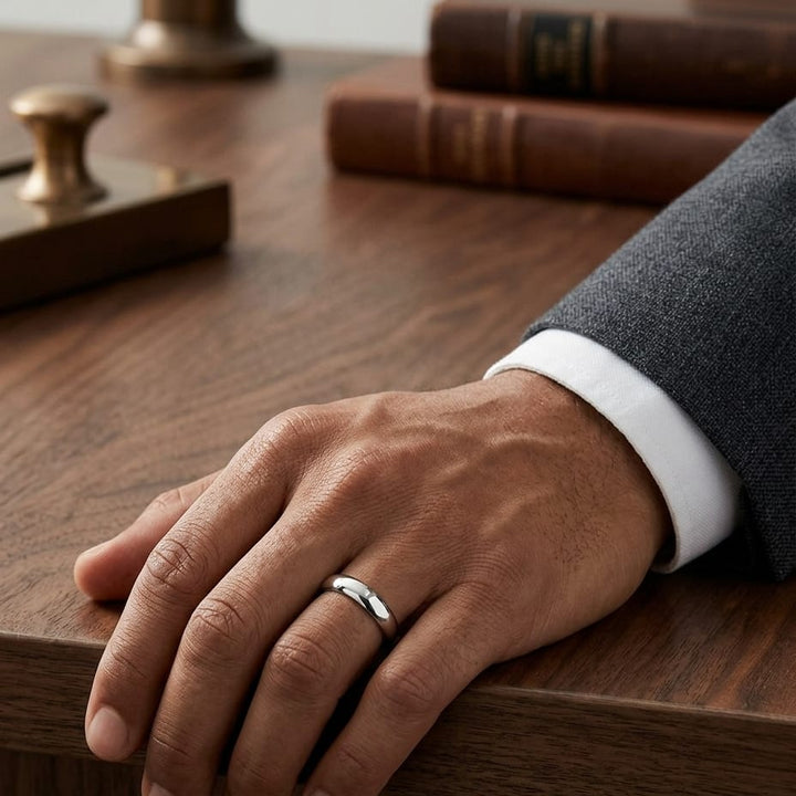 5mm Slightly Domed Super Light Comfort-Fit Wedding Band in Platinum, worn on hand, masculine full view