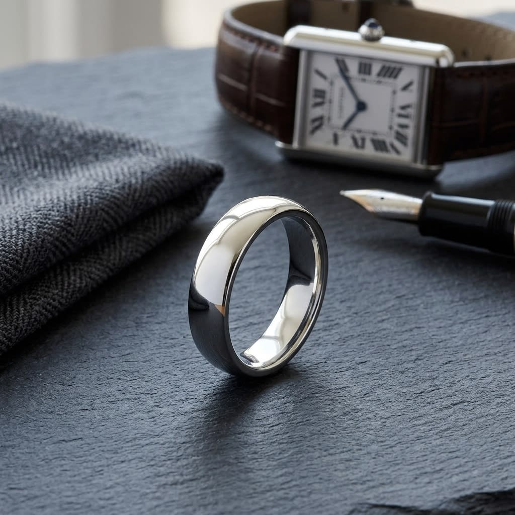 5mm Slightly Domed Super Light Comfort-Fit Wedding Band in Platinum, on walnut surface with pocket square