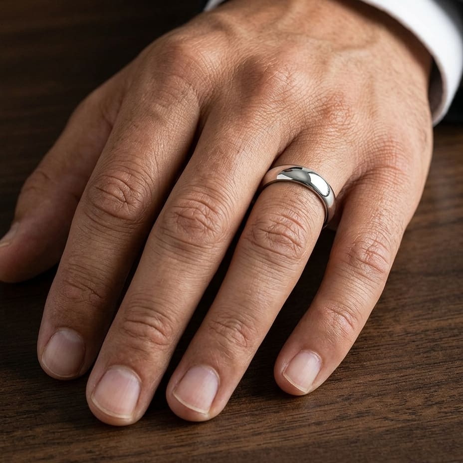 6mm Slightly Domed Super Light Comfort-Fit Wedding Band in Platinum, worn on hand, masculine close-up