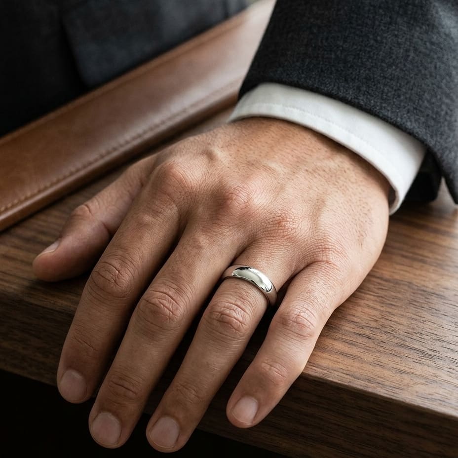 6mm Slightly Domed Super Light Comfort-Fit Wedding Band in Platinum, worn on hand, masculine full view