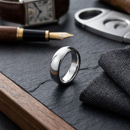 6mm Slightly Domed Super Light Comfort-Fit Wedding Band in Platinum, on walnut surface with pocket square
