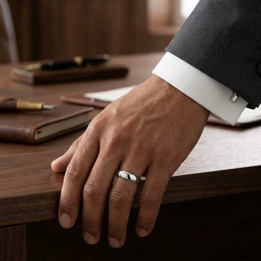 7mm Slightly Domed Super Light Comfort-Fit Wedding Band in Platinum, worn on hand, masculine full view