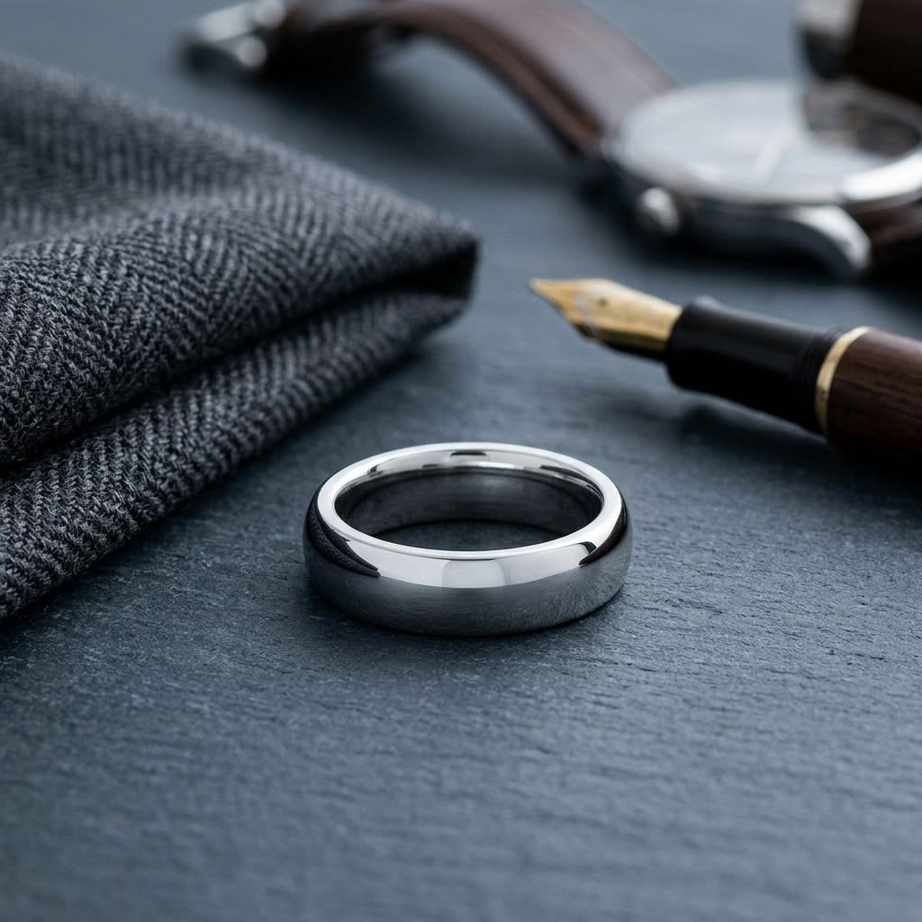 7mm Slightly Domed Super Light Comfort-Fit Wedding Band in Platinum, on walnut surface with pocket square