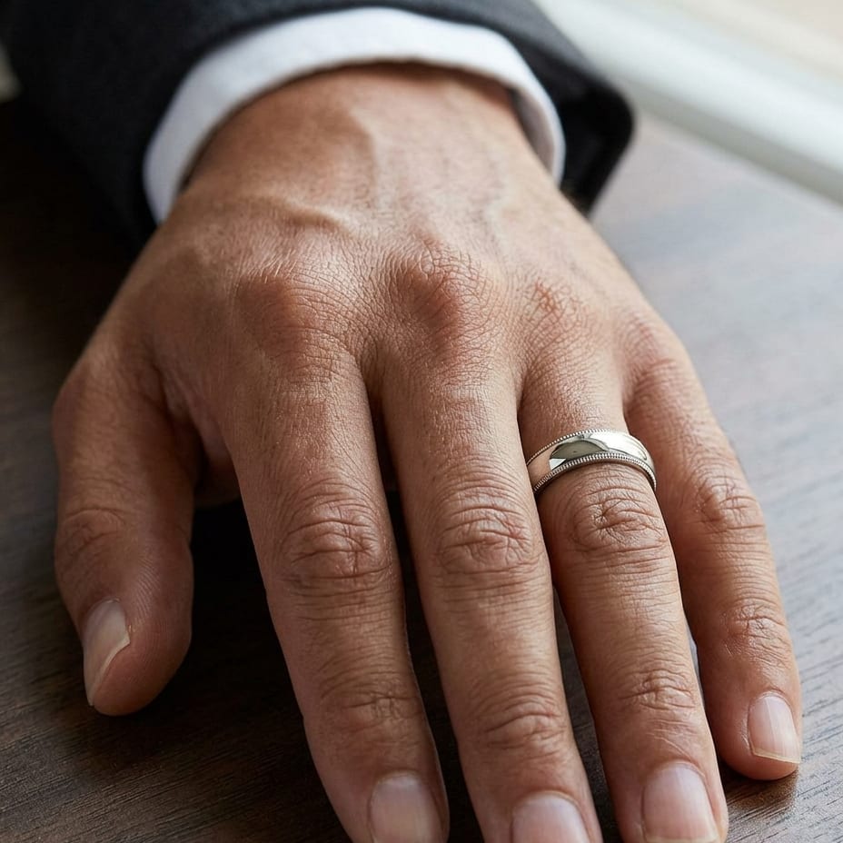 5mm Slightly Domed Super Light Milgrain Comfort-Fit Wedding Band in Platinum, worn on hand, masculine close-up