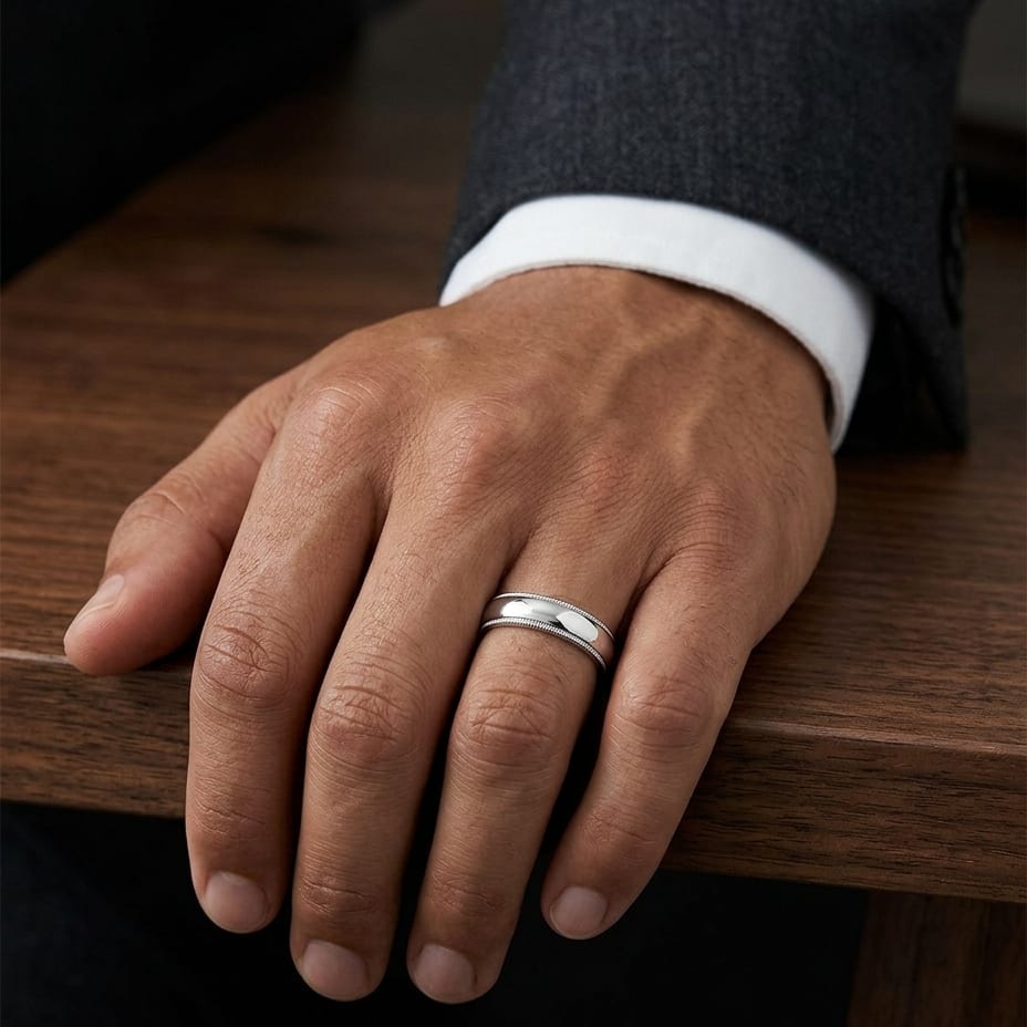 5mm Slightly Domed Super Light Milgrain Comfort-Fit Wedding Band in Platinum, worn on hand, masculine full view