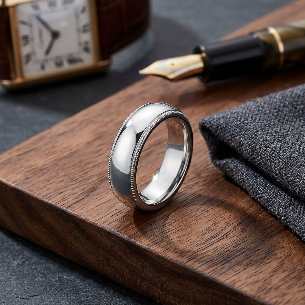 6mm Slightly Domed Super Light Milgrain Comfort-Fit Wedding Band in Platinum, on walnut surface with pocket square