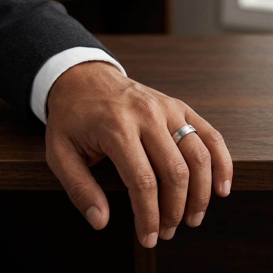6mm Satin Finish High Polished Center Cut Carved Wedding Band in Platinum, worn on hand, masculine full view