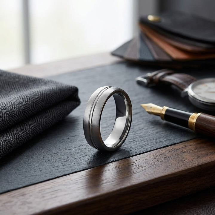 6mm Satin Finish High Polished Center Cut Carved Wedding Band in Platinum, on walnut surface with pocket square