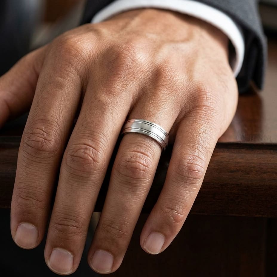 6mm Satin Finish Parallel Groove Carved Wedding Band in Platinum, worn on hand, masculine close-up