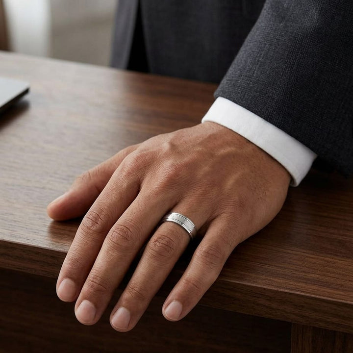 6mm Satin Finish Parallel Groove Carved Wedding Band in Platinum, worn on hand, masculine full view