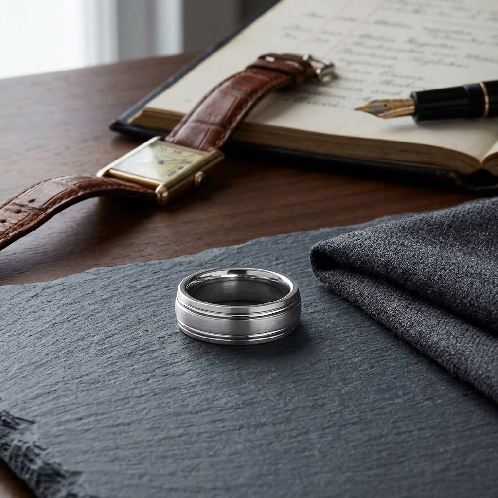 6mm Satin Finish Parallel Groove Carved Wedding Band in Platinum, on walnut surface with pocket square