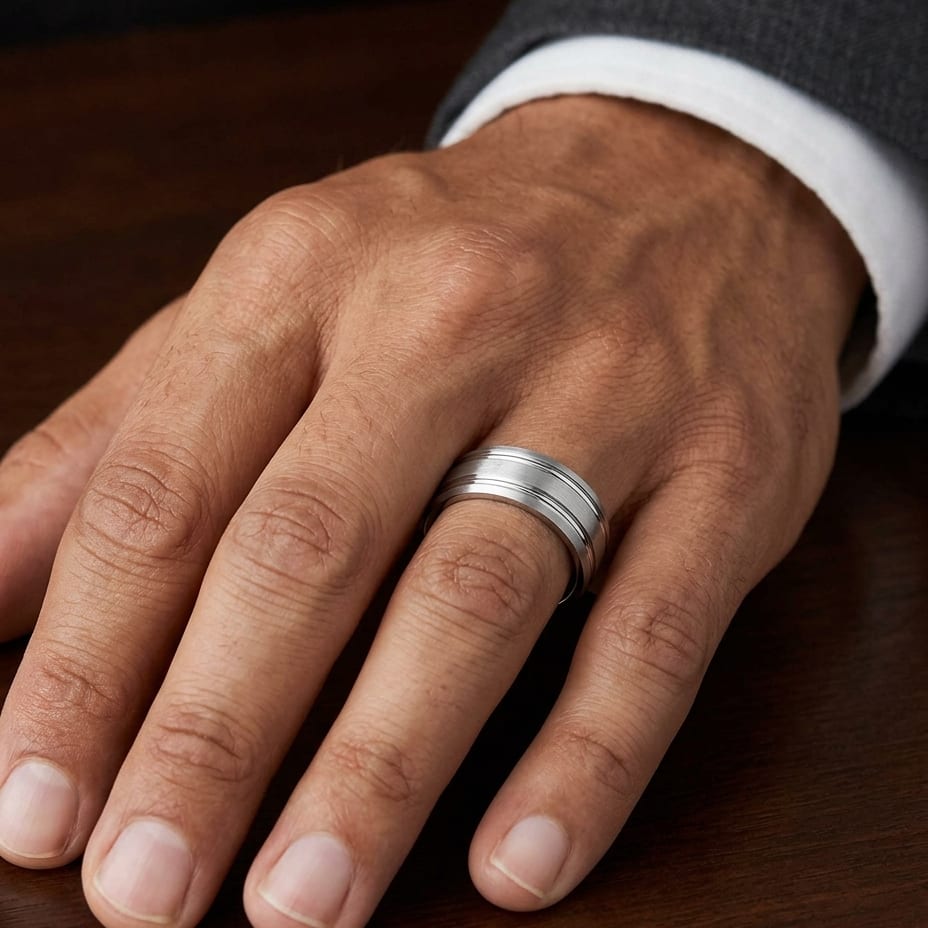 7mm Satin Finish Parallel Groove Carved Wedding Band in Platinum, worn on hand, masculine close-up