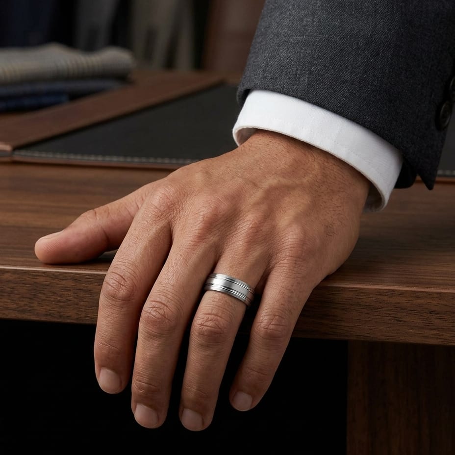 7mm Satin Finish Parallel Groove Carved Wedding Band in Platinum, worn on hand, masculine full view