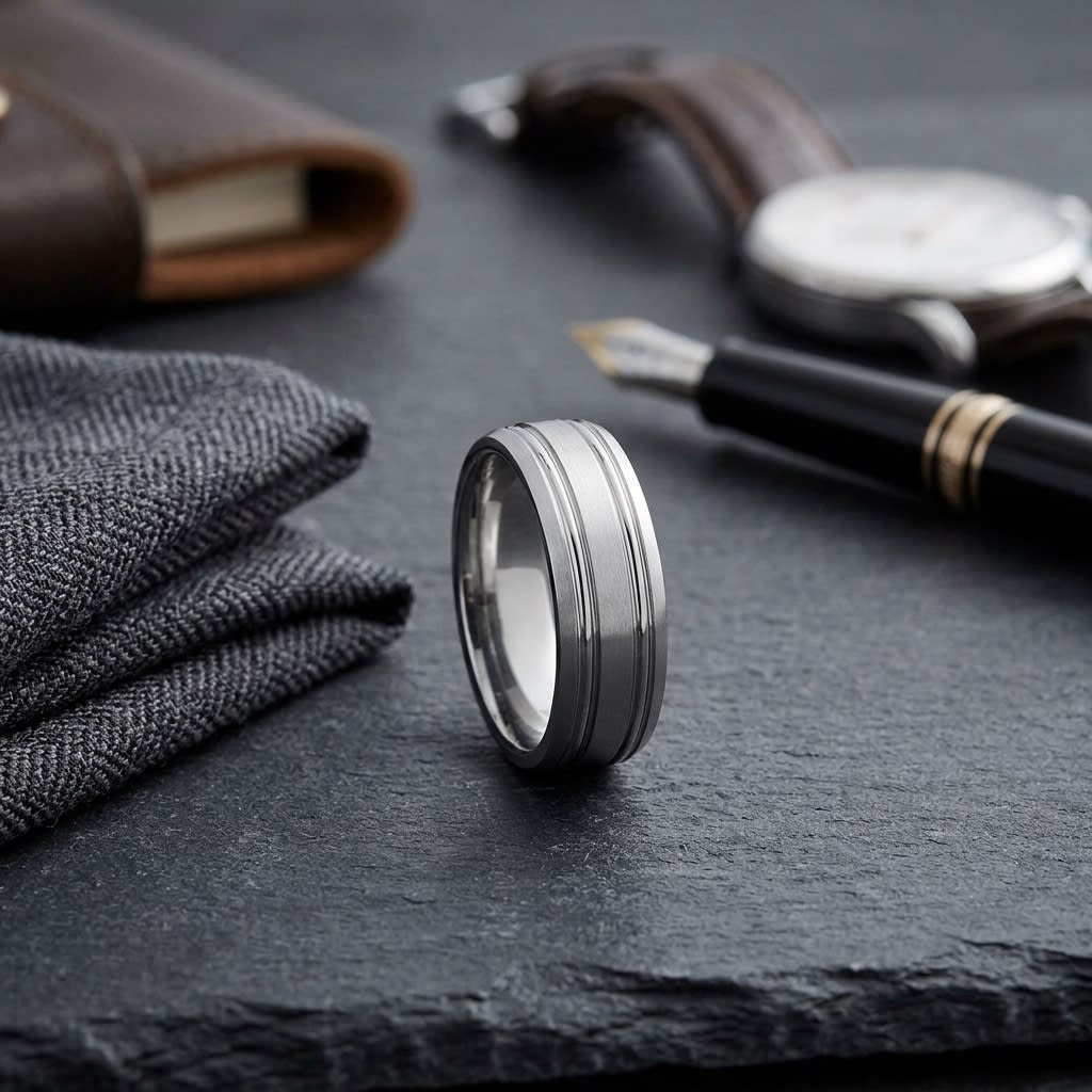7mm Satin Finish Parallel Groove Carved Wedding Band in Platinum, on walnut surface with pocket square