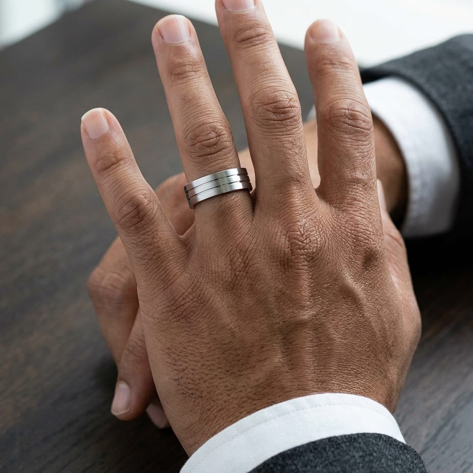 6mm Satin Finish Parallel Center Cut Carved Wedding Band in Platinum, worn on hand, masculine close-up