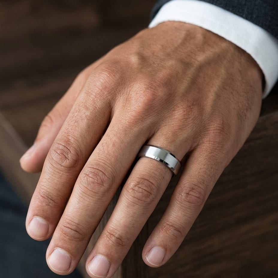 6mm Satin Finish High Polished Beveled Edge Carved Wedding Band in Platinum, worn on hand, masculine close-up
