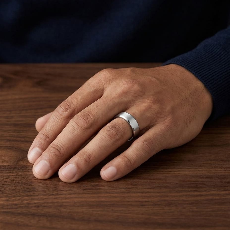 6mm Satin Finish High Polished Beveled Edge Carved Wedding Band in Platinum, worn on hand, masculine full view