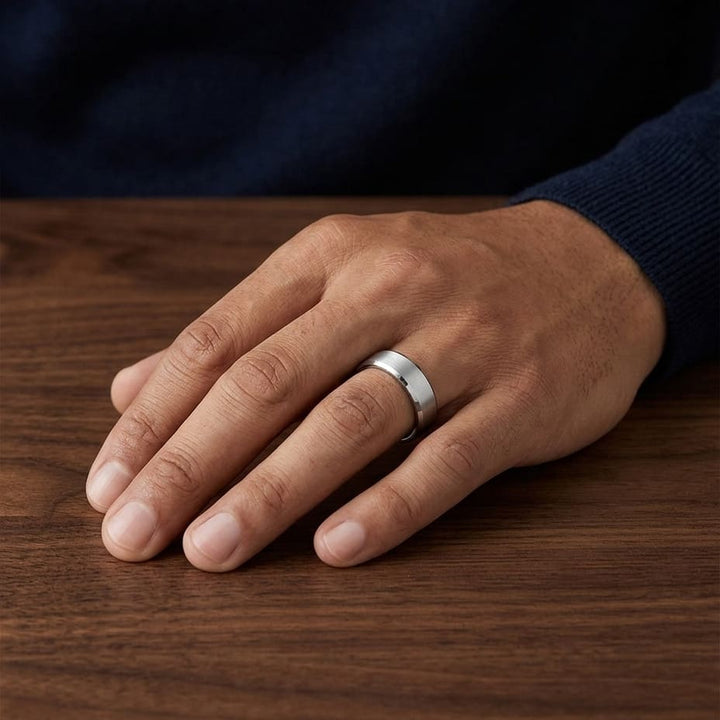 6mm Satin Finish High Polished Beveled Edge Carved Wedding Band in Platinum, worn on hand, masculine full view