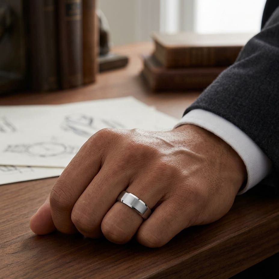 7mm Satin Finish High Polished Beveled Edge Carved Wedding Band in Platinum, worn on hand, masculine full view